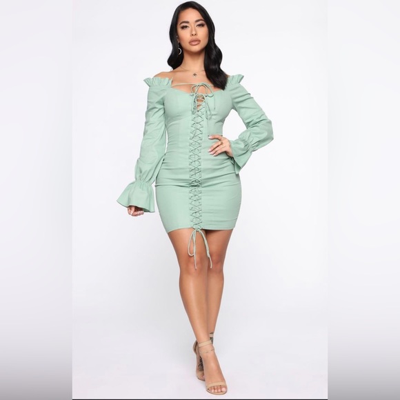 Lace-Up/Tie up mini dress in Sage green - Picture 2 of 6